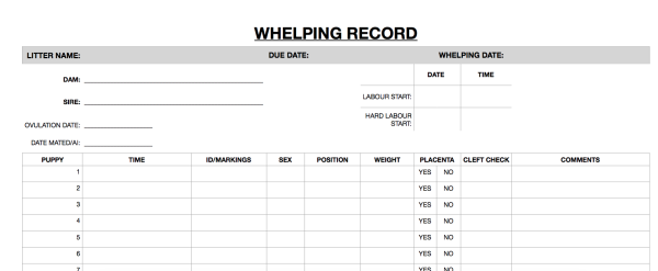 Whelping Record Sheet